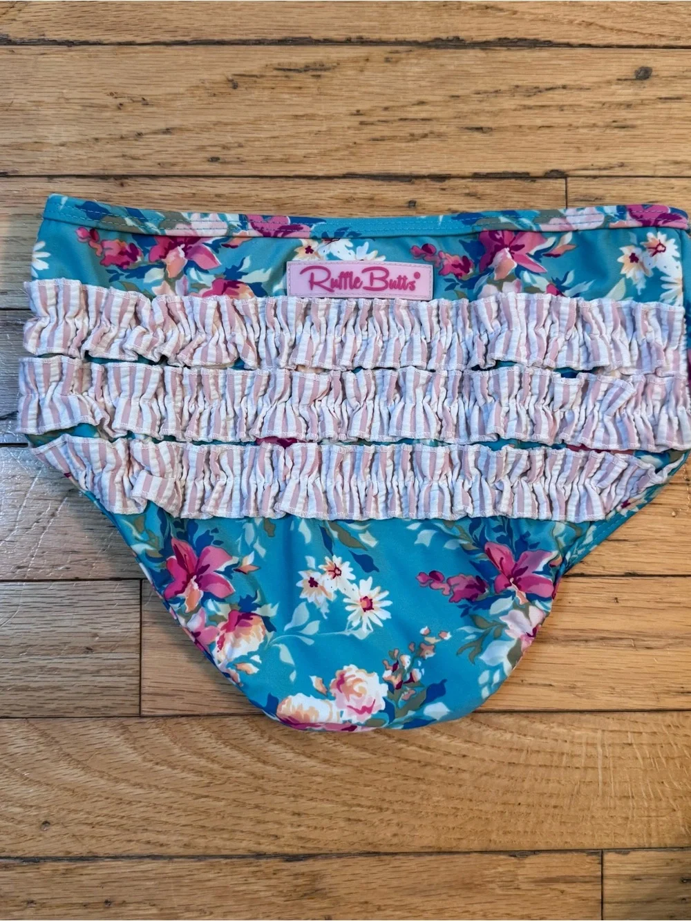 Ruffle Butts Swimsuit Pink Stripe Ruffle Tankini Top with Blue Floral Bottoms 10